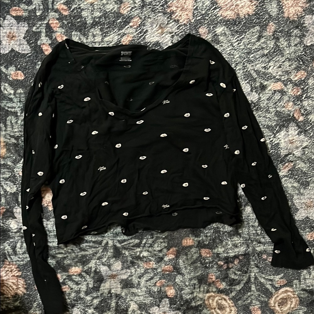PINK Victoria's Secret Black Blouse with White Lips